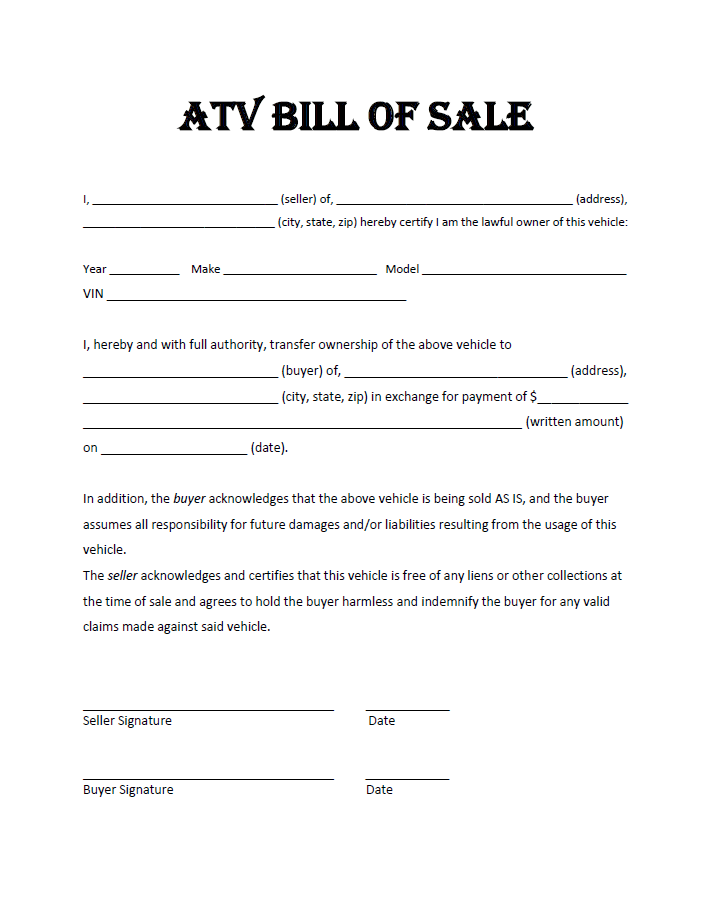 All Terrain Vehicle (ATV) Bill of Sale Form | eForms – Free 
