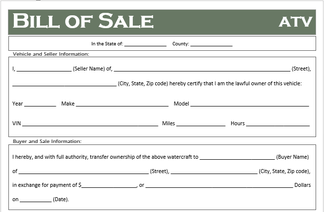 Atv Bill Of Sale Free To Print Fill Online, Printable, Fillable 