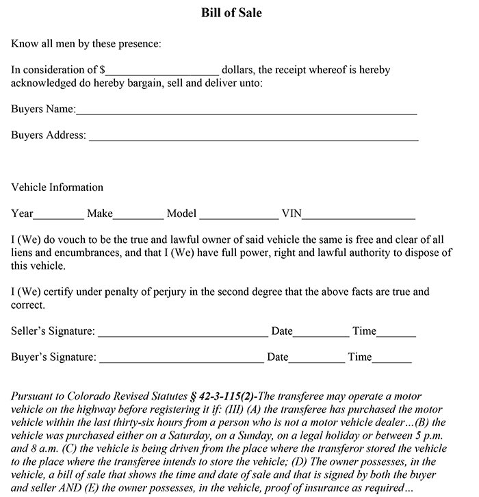 Free Colorado DMV Bill of Sale Form | PDF | Word (.doc)