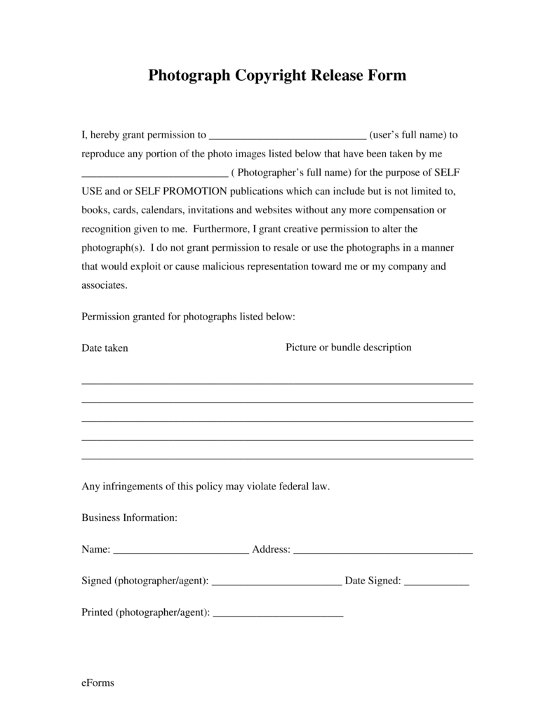 Photograph Copyright Release Form Templates Fillable & Printable 