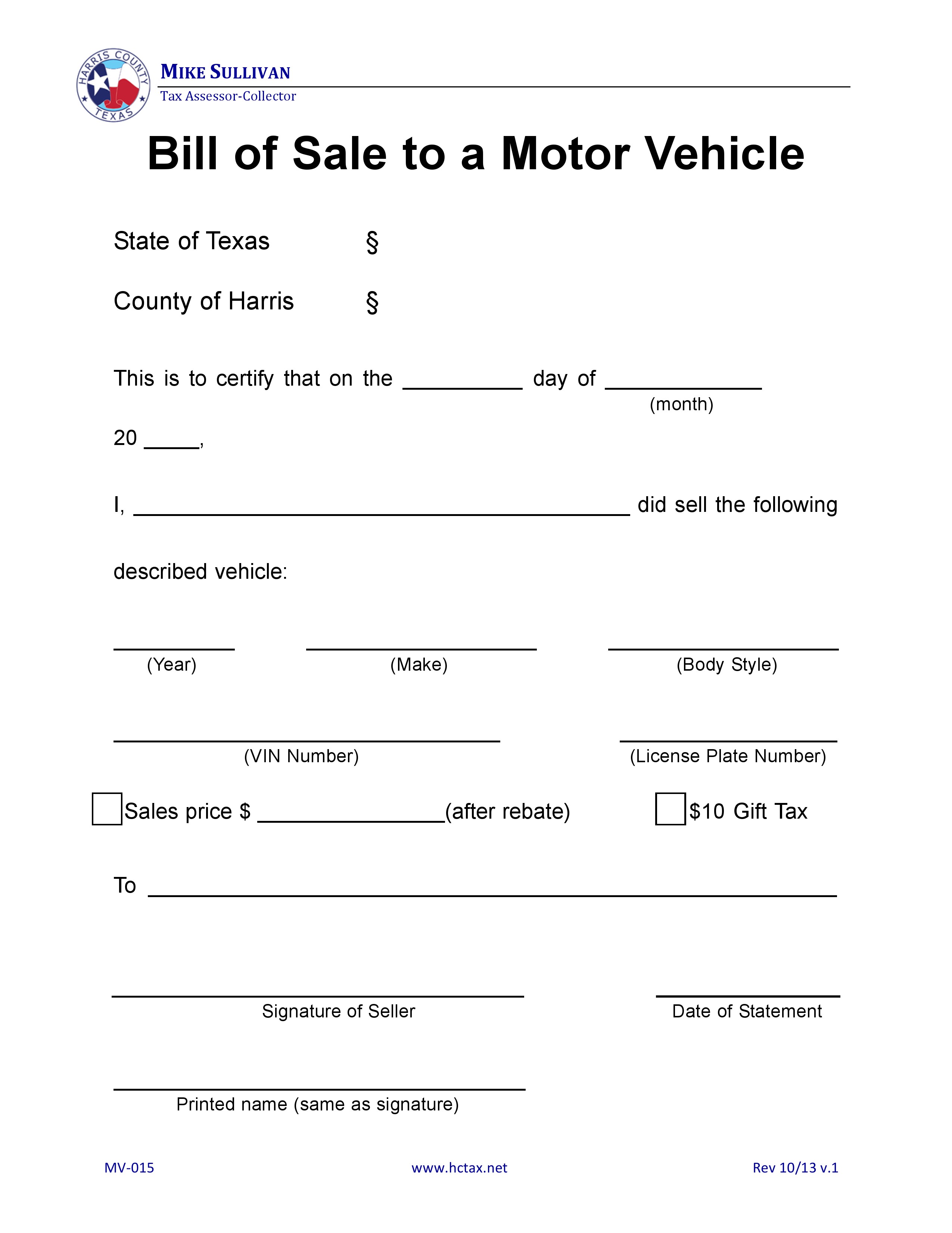 Free Harris County, Texas Motor Vehicle Bill of Sale MV 015 