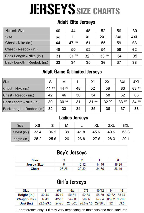dallas cowboys jersey size chart