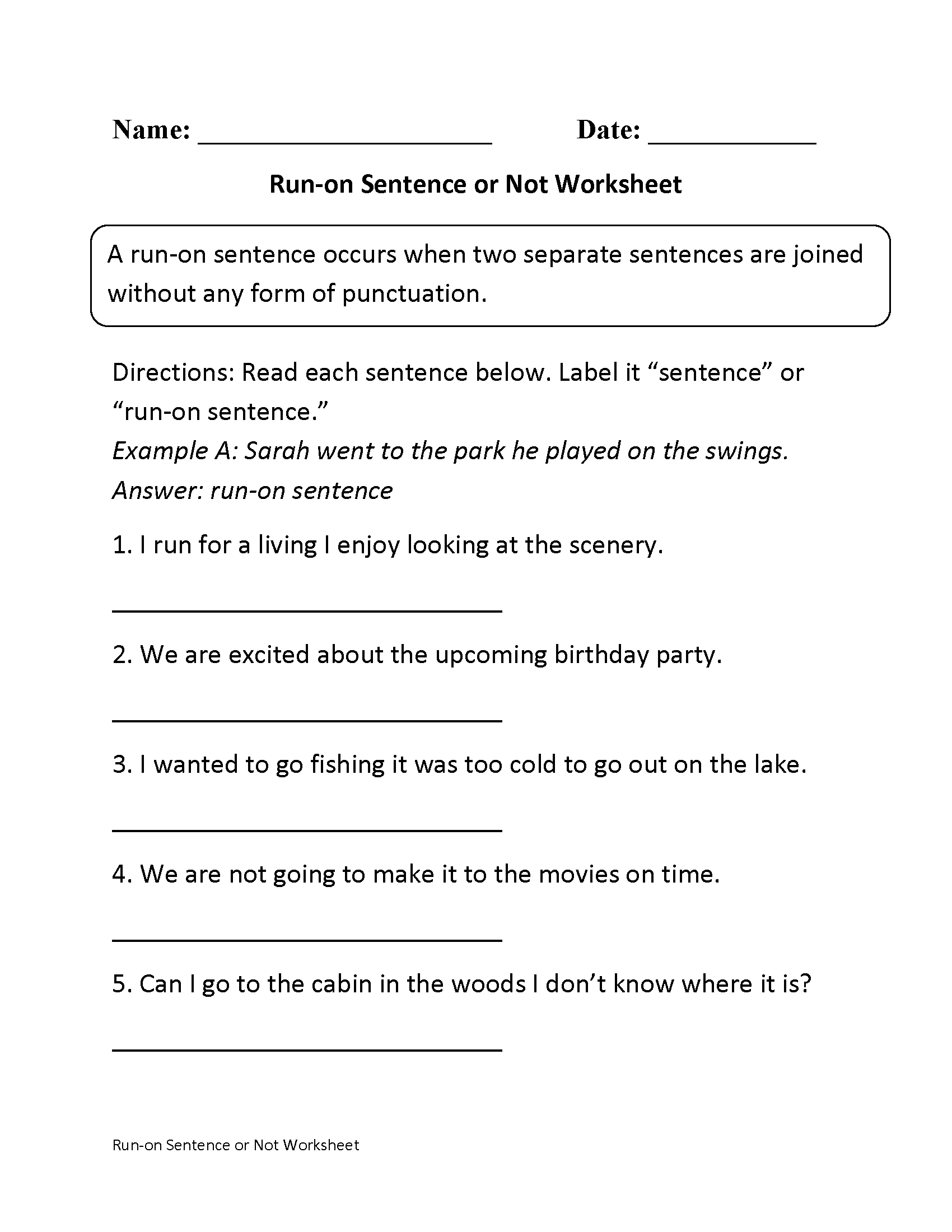 Sentences Worksheets | Run on Sentences Worksheets