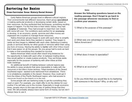 Bartering for Basics | 5th Grade Reading Comprehension Worksheet
