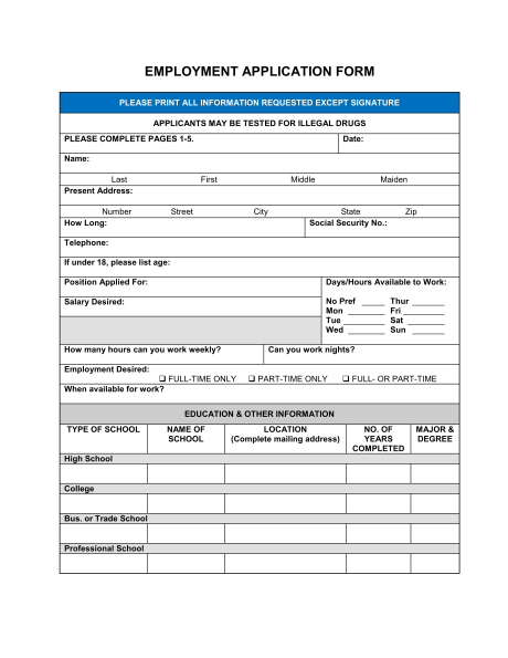 employment application forms templates printable job application 