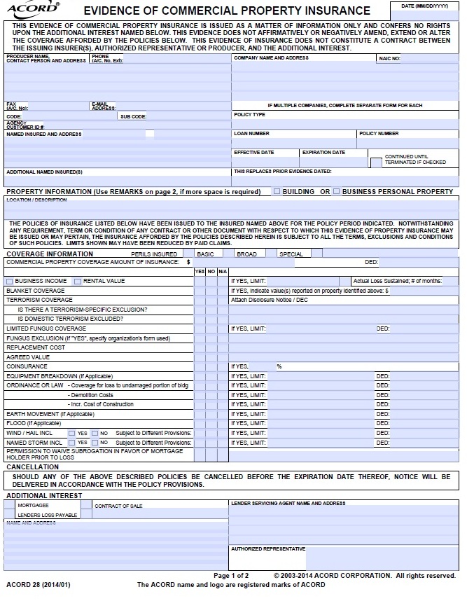 Simply Easier ACORD Forms: ACORD 28 Evidence of Property Insurance 