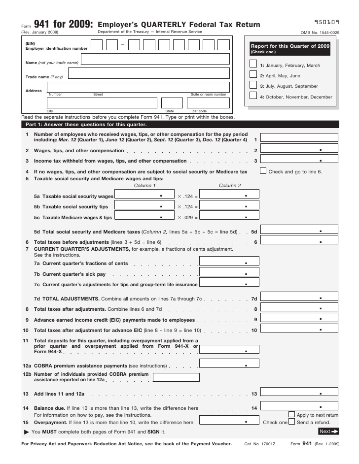 Form 941 Employer's Quarterly Federal Tax Return