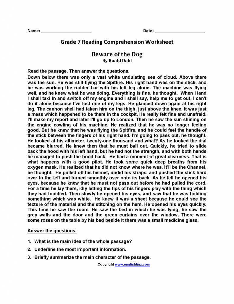 Grade 7 Reading Comprehension Worksheets Pdf Amulette