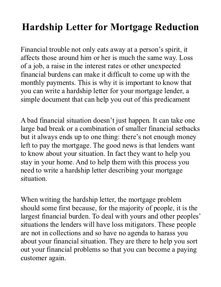 Hardship letter for mortgage reduction