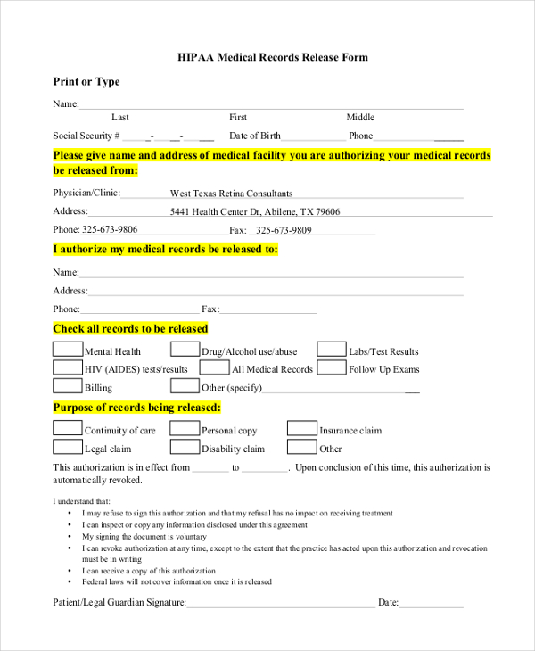 Basic Hipaa Release Form Templates Fillable & Printable Samples 