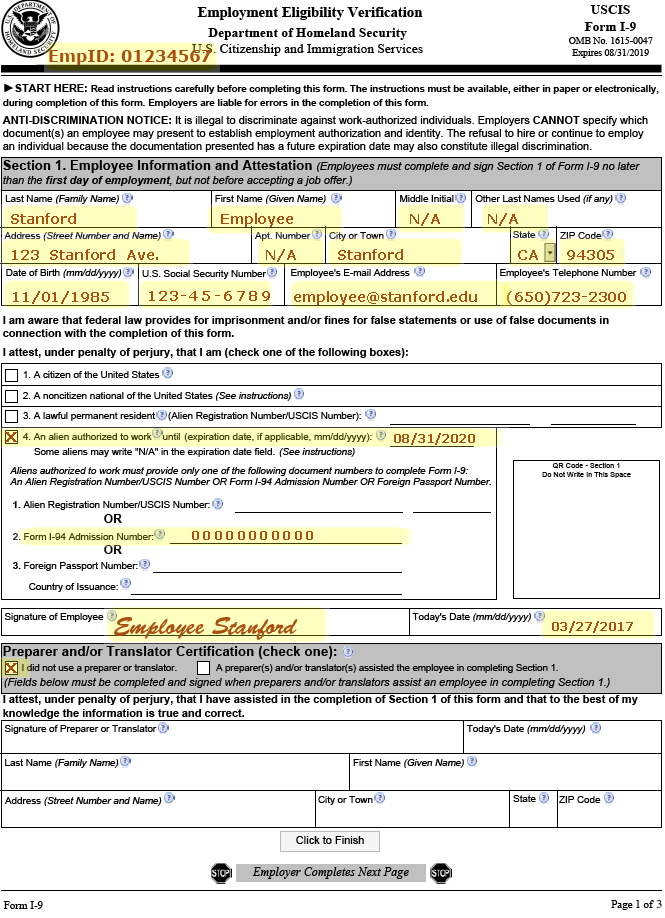 Fingate Resources: Examples of Completed Form I 9
