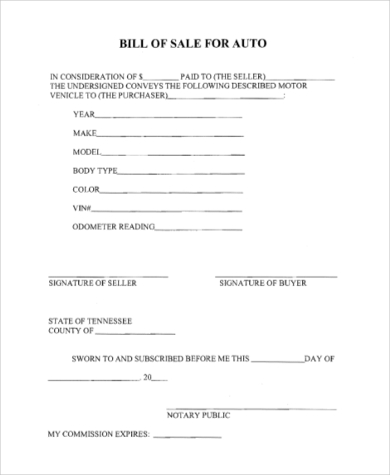 Sample Bill of Sale Auto Form 8+ Free Documents in PDF