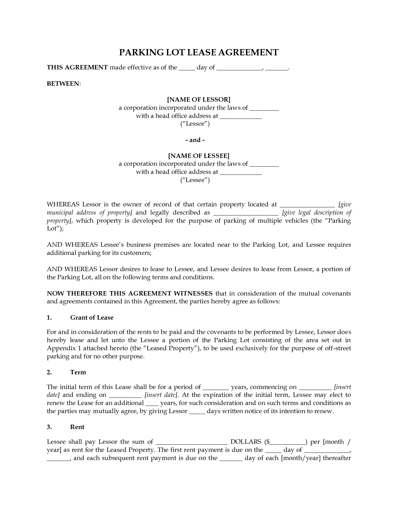 Perfect Lease Agreement Template Sample for Parking Lot with 