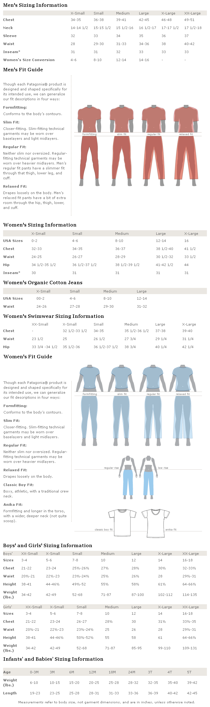 Patagonia size guide for outdoor clothing and equipment