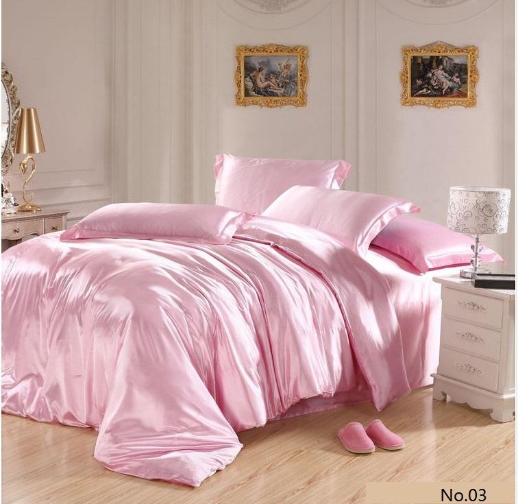 Pink Silk Satin Bedding Sets California King Queen Size Quilt 