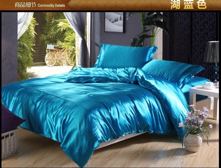 Luxury lake blue silk bedding set satin sheets super king queen 