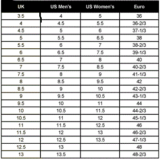 Ski Boot Size Conversion Chart Size Chart | Christy Sports