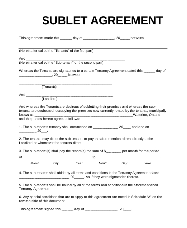subletting agreement template sample sublet agreement 10 examples 