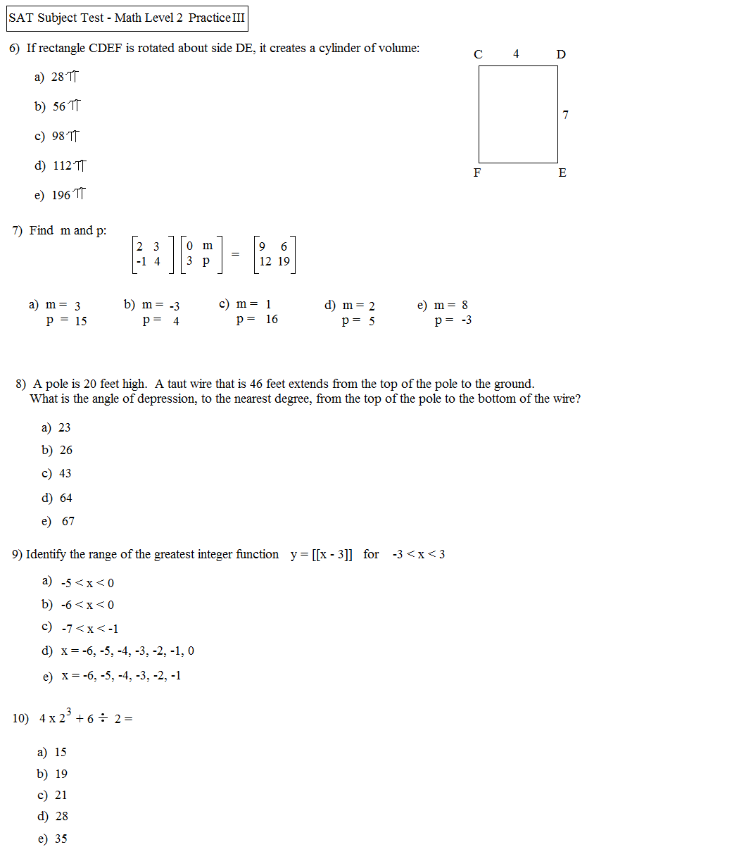 Math Plane SAT Math Subject Test Level 2Practice Test C