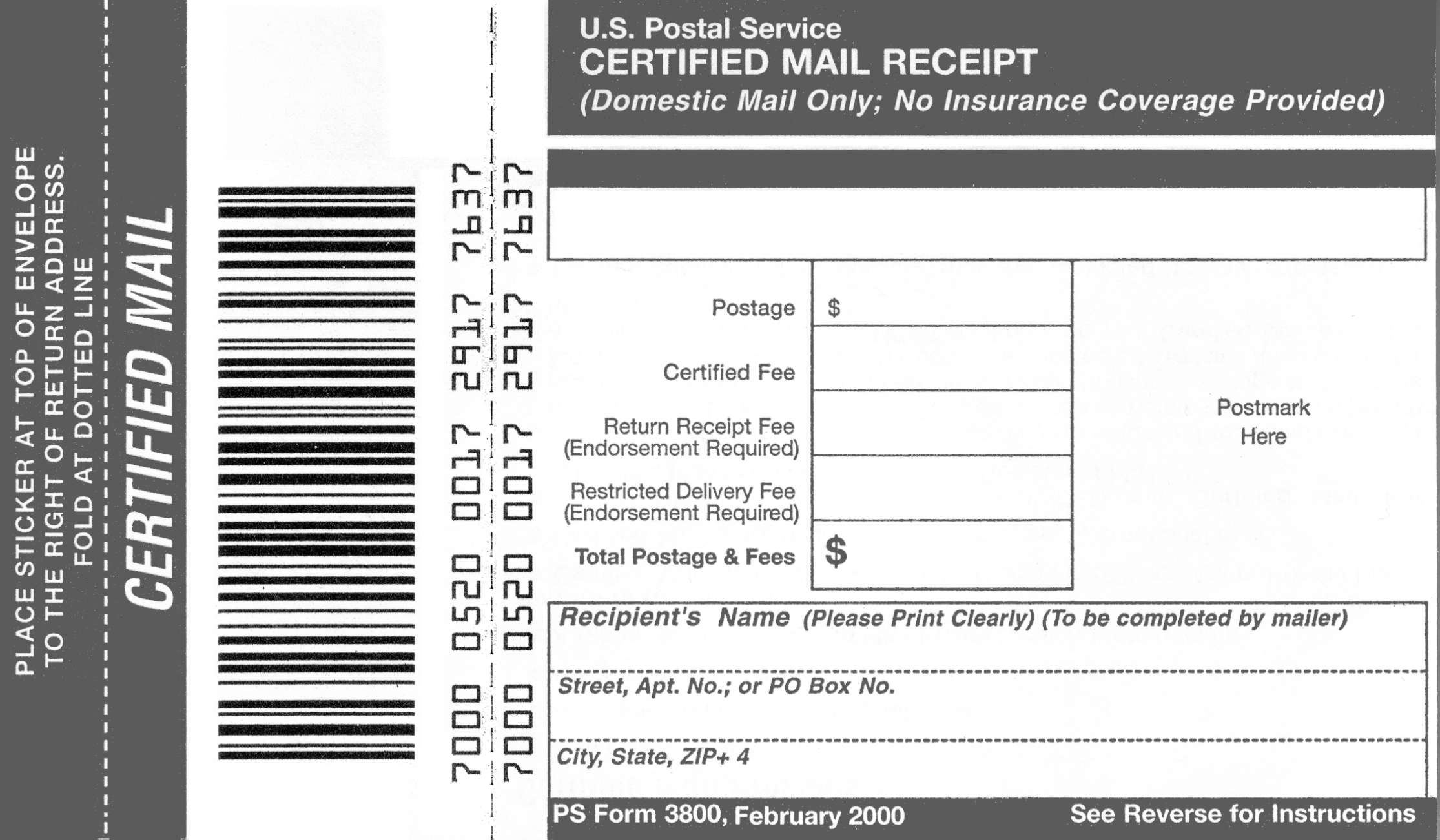 Manifest Firm Sheet PS 3877 USPS Certified Mail